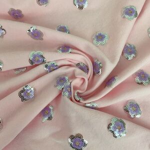 Light pink sequined flowers sweatshirt knit fabric 64” x 44”